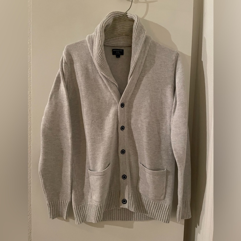 Matchstick-Wool Cotton Long Sleeve Classic Cardigan Sweater Light Grey NWOT
